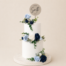 Load image into Gallery viewer, Custom Personalised Topper Dusty blue and Navy gypsophila eucalyptus leaf cake topper wedding decorations floral arrangement