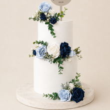 Load image into Gallery viewer, Custom Personalised Topper Dusty blue and Navy gypsophila eucalyptus leaf cake topper wedding decorations floral arrangement