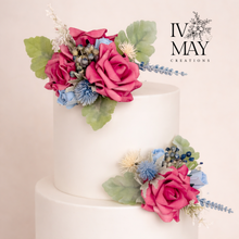 Load image into Gallery viewer, FULL SET Wedding Christening Cake Flower Arrangement Topper & Decorations Roses - Dusty Blue - Thistles