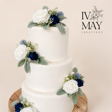 Load image into Gallery viewer, FULL SET Wedding Christening Cake Flower Arrangement Topper & Decorations Roses - Navy Blue