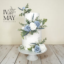 Load image into Gallery viewer, FULL SET Dusty blue and lavender gypsophila eucalyptus leaf cake topper wedding decorations floral arrangement - Custom Colours available (Copy)