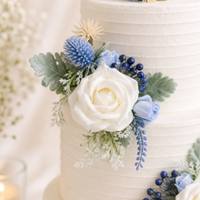 Load image into Gallery viewer, Dusty Blue Rose Cake Flower Arrangement: Wedding Christening Topper