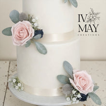 Load image into Gallery viewer, FULL SET Wedding Christening Cake Flower Arrangement Topper & Decorations Roses - Navy Blue - Blush Pink