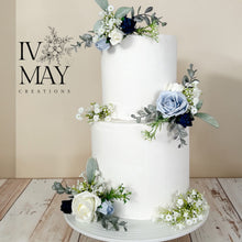 Load image into Gallery viewer, Dusty Blue Floral Cake Topper: Gypsophila & Eucalyptus Wedding Decoration