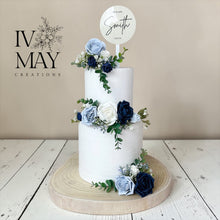 Load image into Gallery viewer, Dusty Blue Wedding Cake Topper: Navy Gypsophila Eucalyptus Floral Arrangement