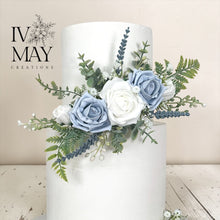 Load image into Gallery viewer, FULL SET Dusty blue and lavender gypsophila eucalyptus leaf cake topper wedding decorations floral arrangement - Custom Colours available (Copy)
