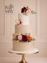 Load image into Gallery viewer, FULL SET Wedding Christening Cake Flower Arrangement Topper & Decorations Roses - Blush Pink - Burgundy - Burnt Orange - Berry Mix