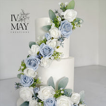 Load image into Gallery viewer, Wedding Christening cake flower arrangement topper Garland Trim Decoration Foam Roses Dusty Blue and white