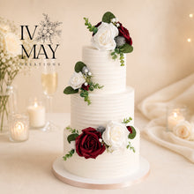 Load image into Gallery viewer, FULL SET Wedding Christening Cake Flower Arrangement Topper & Decorations Roses - Burgundy - white and thistles