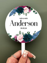Load image into Gallery viewer, Personalised Printed Wedding Day Cake Topper - Purple & Blue Floral