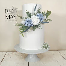 Load image into Gallery viewer, FULL SET Dusty blue and lavender gypsophila eucalyptus leaf cake topper wedding decorations floral arrangement - Custom Colours available (Copy)