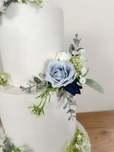 Load image into Gallery viewer, FULL SET Dusty blue and Navy Blue gypsophila eucalyptus leaf cake topper wedding decorations floral arrangement - Custom Colours available