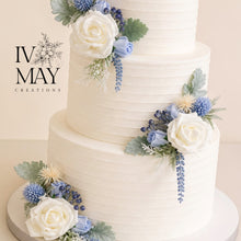 Load image into Gallery viewer, Dusty Blue Rose Cake Flower Arrangement: Wedding Christening Topper