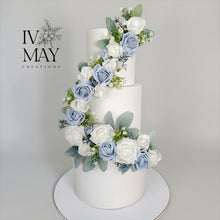 Load image into Gallery viewer, Wedding Christening cake flower arrangement topper Garland Trim Decoration Foam Roses Dusty Blue and white