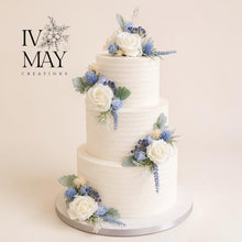 Load image into Gallery viewer, Dusty Blue Rose Cake Flower Arrangement: Wedding Christening Topper