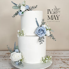 Load image into Gallery viewer, Dusty Blue Rose Cake Topper: Gypsophila & Eucalyptus Wedding Floral