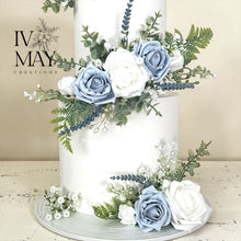 Load image into Gallery viewer, FULL SET Dusty blue and lavender gypsophila eucalyptus leaf cake topper wedding decorations floral arrangement - Custom Colours available (Copy)