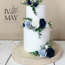 Load image into Gallery viewer, Dusty Blue Wedding Cake Topper: Navy Gypsophila Eucalyptus Floral Arrangement