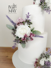 Load image into Gallery viewer, Birthday christening wedding Cake flowers. Cake topper. Cake topper, dusty purple lilac mauve - bouquet - button holes - laverder