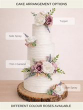 Load image into Gallery viewer, FULL SET Wedding Christening Cake Flower Arrangement Topper & Decorations Roses - Dusty Pink - Blush Pink - Cream - Dusty Purple Mix Mix
