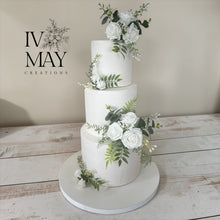 Load image into Gallery viewer, FULL SET cake flowers - Artificial Silk cake flowers - White roses - gypsophila eucalyptus leaf wedding decorations floral arrangement
