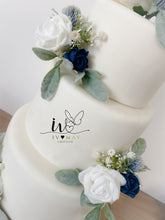 Load image into Gallery viewer, FULL SET Wedding Christening Cake Flower Arrangement Topper & Decorations Roses - Navy Blue