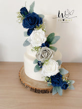 Load image into Gallery viewer, Wedding Christening Cake Flower Arrangement Topper & Garland Trim Decorations Roses - White & Navy
