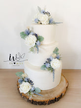 Load image into Gallery viewer, FULL SET Wedding Christening Cake Flower Arrangement Topper & Decorations Roses - Dusty Blue - Thistles - matching bridal bouquets