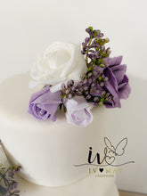 Load image into Gallery viewer, FULL SET Wedding Christening Cake Flower Arrangement Topper & Decorations Roses - mauve - Purple - Dusty