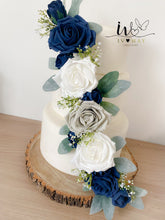 Load image into Gallery viewer, Wedding Christening Cake Flower Arrangement Topper & Garland Trim Decorations Roses - White & Navy