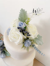 Load image into Gallery viewer, FULL SET Wedding Christening Cake Flower Arrangement Topper & Decorations Roses - Dusty Blue - Thistles - matching bridal bouquets