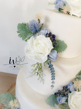 Load image into Gallery viewer, FULL SET Wedding Christening Cake Flower Arrangement Topper & Decorations Roses - Dusty Blue - Thistles - matching bridal bouquets