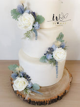 Load image into Gallery viewer, FULL SET Wedding Christening Cake Flower Arrangement Topper & Decorations Roses - Dusty Blue - Thistles - matching bridal bouquets