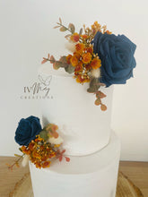Load image into Gallery viewer, FULL SET cake decoration flower floral arrangement navy blue Burnt Orange roses topper