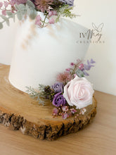 Load image into Gallery viewer, Boho Cake Floral Arrangement: Blush Pink, Purple Foam Roses