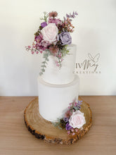 Load image into Gallery viewer, Boho Cake Floral Arrangement: Blush Pink, Purple Foam Roses