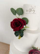 Load image into Gallery viewer, Burgundy Silk Rose Cake Topper: Wedding Christening Flower Arrangement