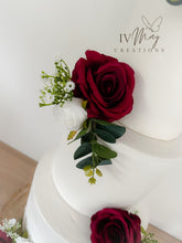 Load image into Gallery viewer, White & Burgundy Silk Roses - Wedding christening cake flower arrangement topper mini eucalyptus roses
