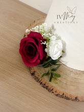 Load image into Gallery viewer, White & Burgundy Silk Roses - Wedding christening cake flower arrangement topper mini eucalyptus roses