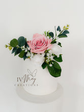 Load image into Gallery viewer, Dusty Pink Wedding christening cake flower arrangement topper mini eucalyptus roses more colours available