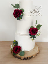 Load image into Gallery viewer, FULL SET Wedding Christening Cake Flower Arrangement Topper & Decorations Roses - Silk Rose - Burgundy - Ruby Red