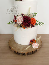 Load image into Gallery viewer, Wedding Cake Flower Arrangement: Blush Pink, Burgundy & Burnt Orange Roses