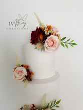Load image into Gallery viewer, Wedding Cake Flower Arrangement: Blush Pink, Burgundy & Burnt Orange Roses