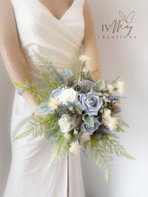 Load image into Gallery viewer, FULL SET Wedding Christening Cake Flower Arrangement Topper & Decorations Roses - Dusty Blue - Thistles - matching bridal bouquets