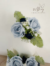 Load image into Gallery viewer, Dusty Blue Rose Cake Topper: Navy Gypsophila Floral Arrangement