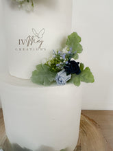 Load image into Gallery viewer, FULL SET Dusty blue and Navy gypsophila and dusty miller leaf cake topper wedding decorations floral arrangement