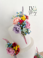 Load image into Gallery viewer, Foam Rose Cake Flower Arrangement: Dusty Blue & Pink Wedding Decor
