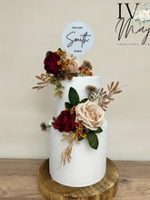 Load image into Gallery viewer, Personalised Cake Topper - Wedding Christening Silk Roses Burgundy and Beige Cake Flower Arrangement Topper & Decorations Gypsophila