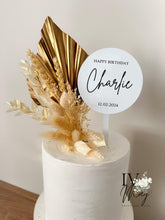 Load image into Gallery viewer, Custom Happy Birthday cake topper - Dried foliage Palm leaf Spear Topper & Decor - Cream - White - Name cake topper - Milestone