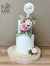 Load image into Gallery viewer, Personalised Cake Topper - Wedding Christening Cake Flower Arrangement Topper & Decorations Roses - Dusty Pink - Blush Pink Cream Blue Berry Mix Custom Topper